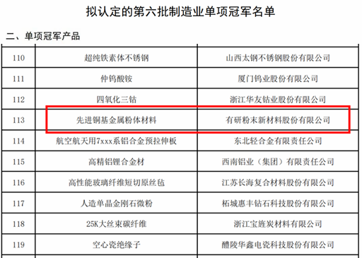 江南官方网页版粉材“先进铜基金属粉体材料”入选工信部第六批制造业单项冠军产品